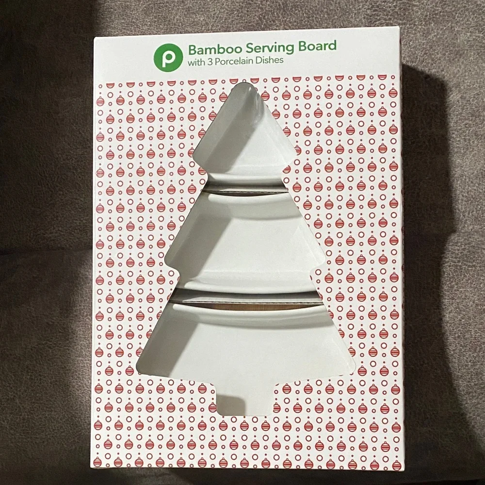 Bamboo Serving Board with Porcelain Dishes